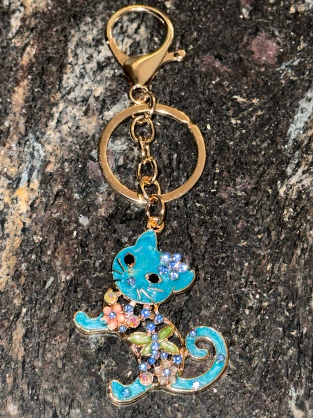 Kitty Cat & Flowers Bag Charm NIP Keychain Enamel Rhinestones NEW Teal Blue